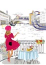 Beautiful woman in a red hat in Venice. Set of Italy illustrations with fashion girls, cafes and musicians.